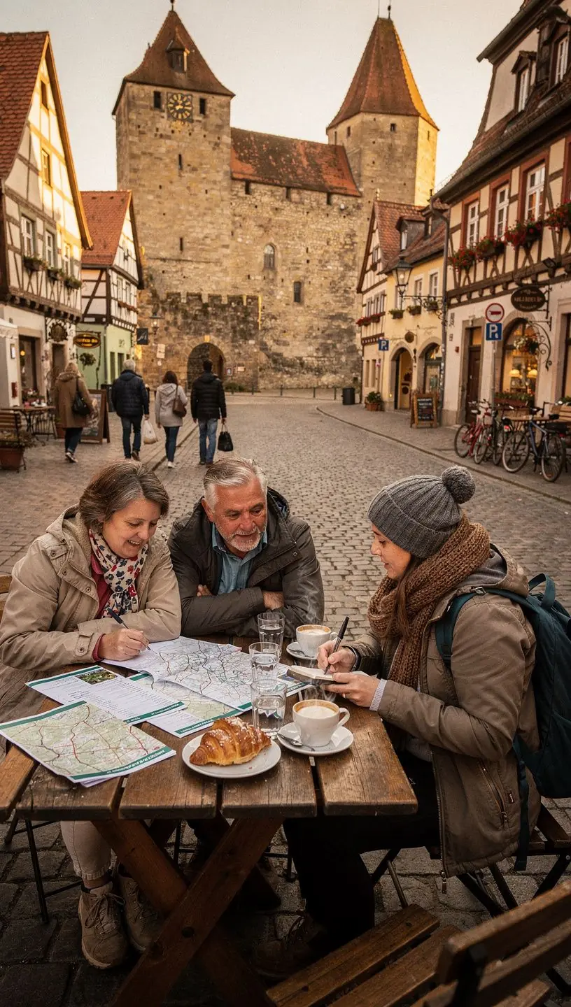 Reisende nutzen gedruckten Stadtplan und Smartphone zur Orientierung während eines Stadtrundgangs